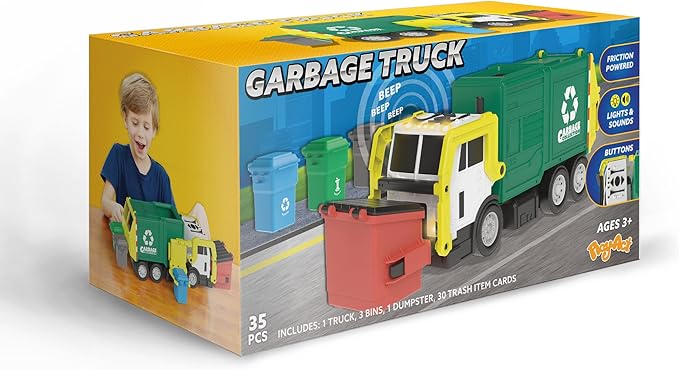 JOYIN Large Friction Powered Garbage Truck Toy Set, Includes Dumpster, Trash Bins, and Learning Cards for Kids, Boy Toys Birthday Gift for Boys Girls Kids Toddler Gift of Easter Basket Stuffers