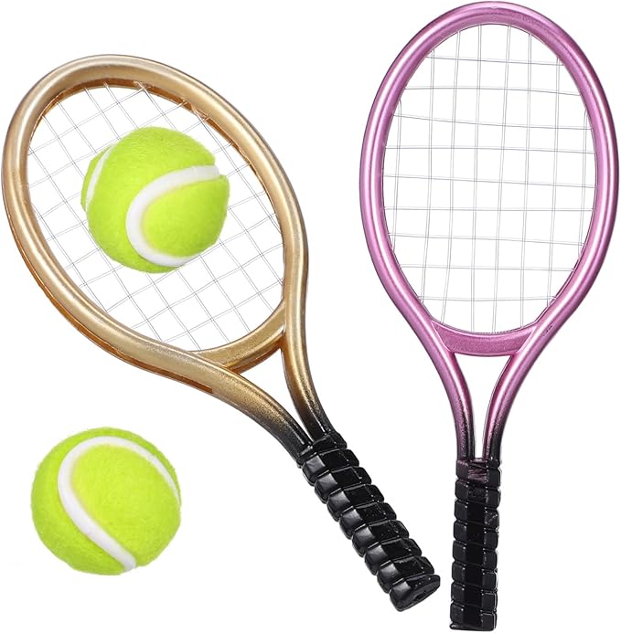 Garneck 2pcs Miniature Tennis Racket and Ball Set Plastic Mini Tennis Racket Miniature Sports Equipment for Home Decor (Random Color)