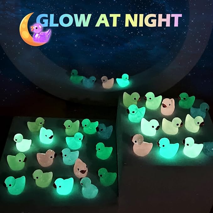 120Pcs Mini Resin Ducks Luminous Mini Ducks Glow in The Dark, Tiny Ducks to Hide, Little Ducks, Miniature Ducks for Garden Micro Landscape DIY Craft Accessories Ornament Charms Party Toys