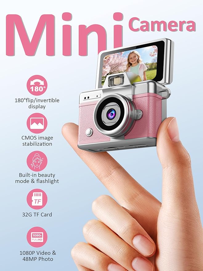 ETODBUWS Mini Keychain Camera, 1080P Digital Camera with 1.47" LCD, 32GB TF Card Included, Pocket-Size Retro Camera for Kids & Adults, Travel Collectible Gift, Pink