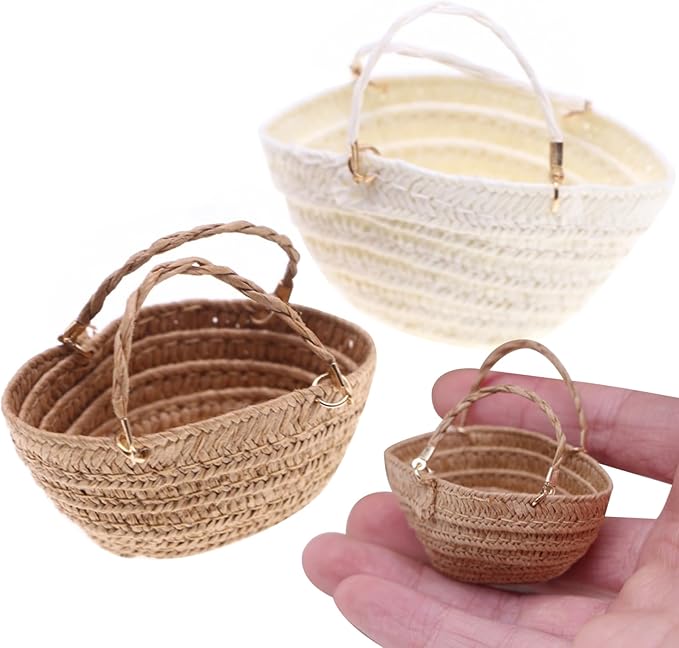 Xweptuy 2Pcs Miniature Handbag, Simulation Mini Straw Bag, Natrual Woven Dollhouse Miniature Tote Bag