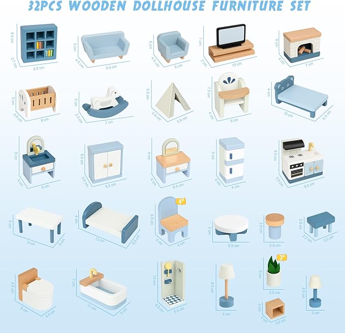 Wooden Dollhouse Furniture Set, Sanlebi Doll House Accessories and Furniture, Miniature Furniture Including 5 Room Kits, Pretend Play Toy Gift for Boys Girls Toddler 3+