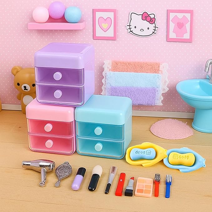 116Pcs Dollhouse Mini Accessories Set - Makeup Tools Bathroom Toiletries Handbag for DIY Micro Scene Decoration Simulation Shampoo Hair Dryer Cosmetic Brush for Bedroom Girl Novelty Toy Jewelry Box