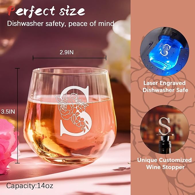 Personalized Gifts for Women, Monogrammed A-Z Wine Glass Customized Gift, Unique Christmas Birthday Gifts for Women Her Mom Friend Sister Wife Daughter Nurse - Dishwasher Safe (S)