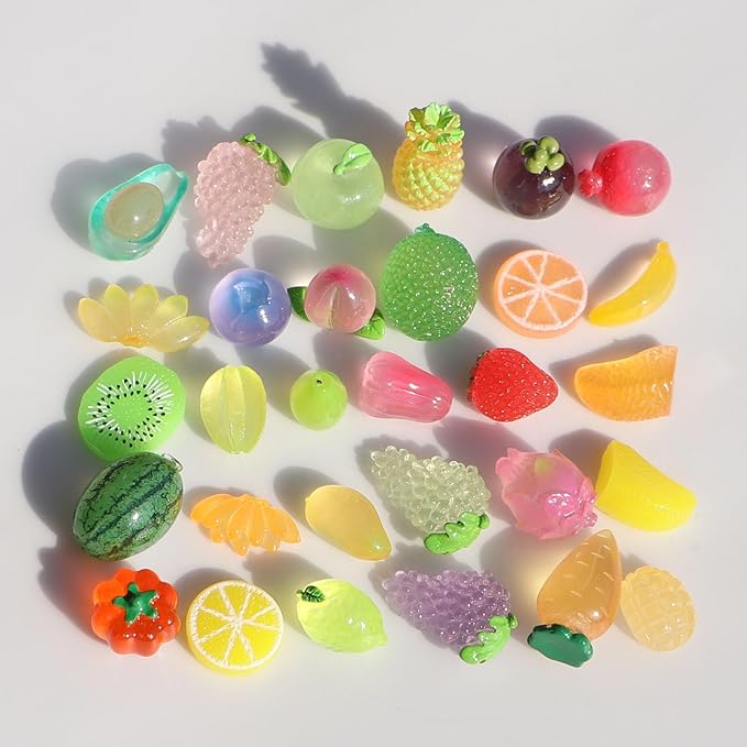 30PCS Mini Artificial Fruits Luminous Decor Resin Glow in The Dark Tiny Figures Small Banana Lemon Strawberries Grapes for Party Table Garden Figurines