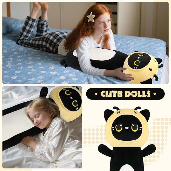 22 inch Bee Black Cat Long Plush Body Pillow Toy, Kitten Plushies with Stuffy Honeybee Oufit Big Stuffed Animals Gfit for Kids Boys Girls, Birthday, Halloween, Christmas