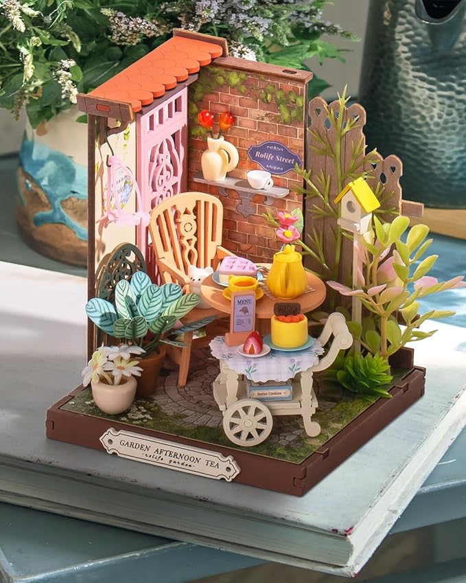 Rolife DIY Mini Building House Miniature Kit-Fancy Tea Yard, Miniature Lifestyle Mini Bookshelf Decoration, DIY Hobbies/Gifts for Craftsman (Fancy Tea Yard)