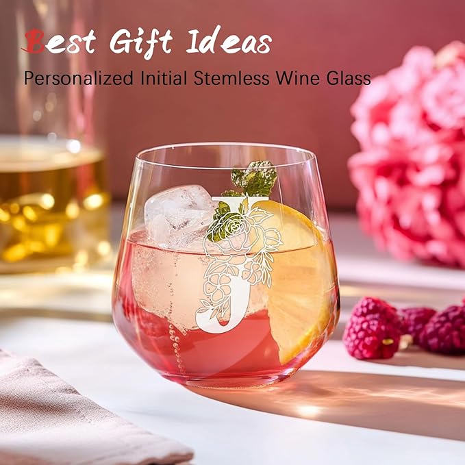 Personalized Gifts for Women, Monogrammed A-Z Wine Glass Customized Gift, Unique Christmas Birthday Gifts for Women Her Mom Friend Sister Wife Daughter Nurse - Dishwasher Safe (J)