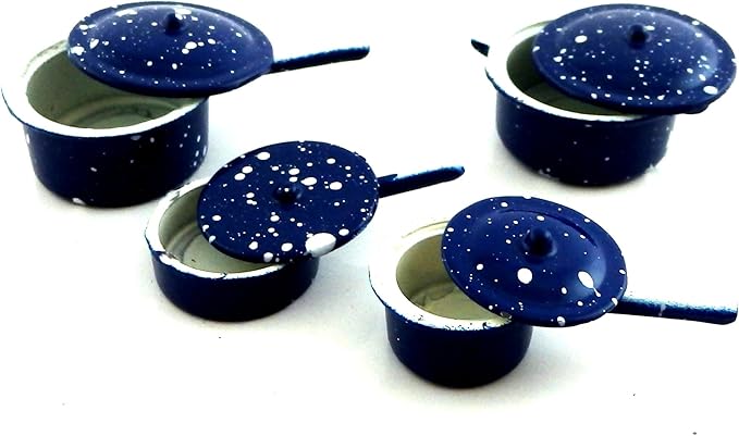 Town Square Miniatures Dolls House Kitchen Accessory Blue Saucepan Pan Set