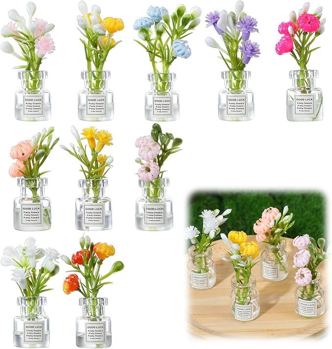 10 Pcs Miniature Flower Dollhouse Plants, 1:12 Scale Glow in The Dark Glass Vase Flowers, Tiny Plant House Decor for Dollhouses Accessories, Fairy Gardens