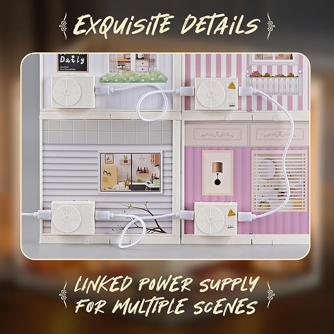 DIY Miniature Bathroom Play Kit with 101Pcs, 1:20 Scale Dollhouse Washroom Furniture with LED Light, Realistic Accessories & Connectable Base Room, Tiny House Toy for Adults & Kids 8+