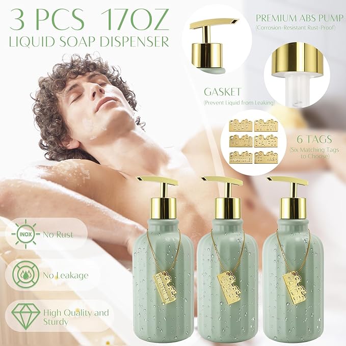 WSBArt 17PCS Bathroom Accessory Set Bathroom Set Green Bathroom Decor,Toilet Brush, Trash Can, Qtip Holder Dispenser& 3PCS Soap Dispenser