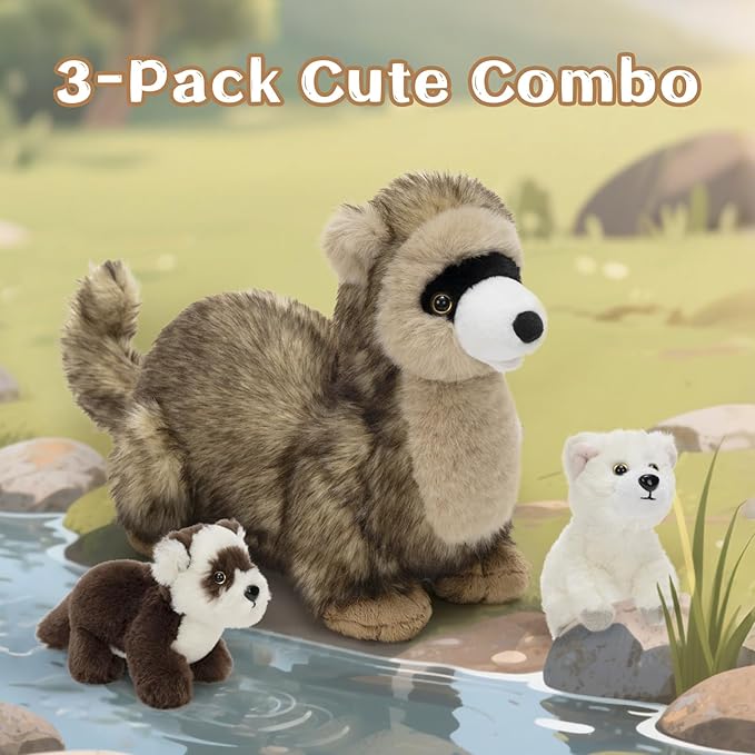 3Pcs Ferret Plush Toy, Mother Ferret Stuffed Animal with 2 Cute Stuffed Baby Ferrets Inside, 18" Snuggly Ferret Plushies for Kids, Christmas Birthday Gift