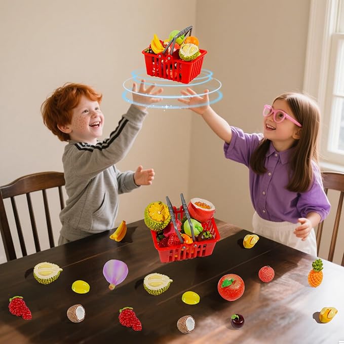 Exasinine 33pcs Miniature Fruits Figures Strawberry Peach Grapes Mini Resin Figures Artificial Fruit for Garden Kitchen Game Party Decor Cake Decoration