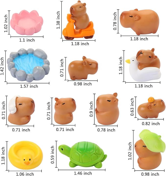 Mini Capybara Figurines 13 Pieces Tiny Capybara for Car Dashboard Dollhouse Miniatures Mini Resin Animals for Fairy Garden Home Decor Capybara Birthday Decorations