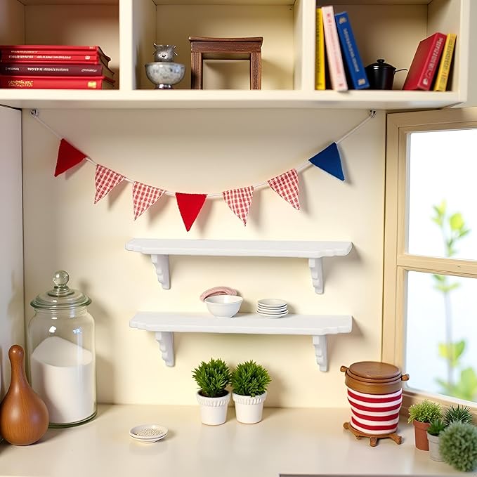 2Pcs White Dollhouse Wall Shelf,Doll House Storage Wall Shelf for Kitchen Scene Dollhouse Décor Accessories,1:12 Scale Miniature Accessories