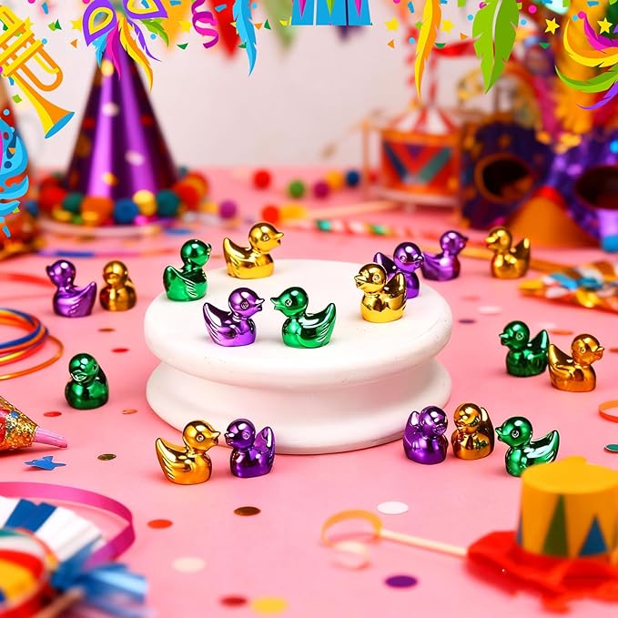 100 Pcs Shiny Mardi Gras Mini Duck Figures Colorful Mardi Gras Duck Decor Micro Landscape Aquarium Garden Hide and Seek Carnival Decoration Charm for Party Gift(Green, Gold, and Purple)