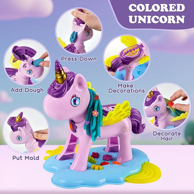 Aprilwolf 60 PCS 3 in 1 Dough Sets for Kids Ages 3-4-8, Art Crafts Dough Tools Kit, Unicorn Hair Stylist, Ice Cream Playset Hamburger Maker Machine, Kitchen Creations Food Play Toys Boys Girls