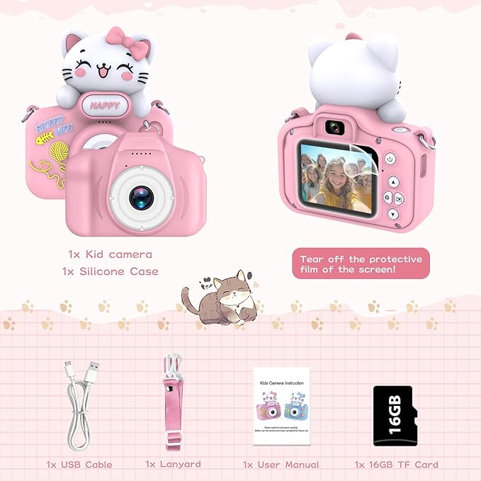 Kids Camera for Girls and Boys,1080P 8X Digital Zoom Camera for Kids Age 3 4 5 6 7 8, 48MP Dual Lens Toddler Cameras for Christmas Birthday Gifts with Silicone Case & 16GB TF Card,Pink