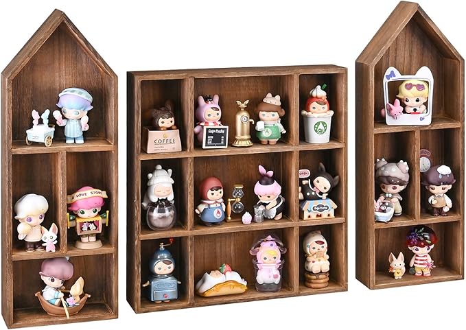 Ikee Design 3 Pcs Set Wooden Shadow Cubby Box Display Shelf Organizer Storage Shadow Box for Collectibles, Mini Figures, 17 compartments, Brown Color, 22.8W x 2.4D x 15.7H in