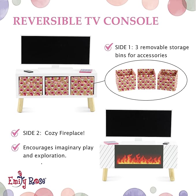 Emily Rose 18 Inch Doll Pink Living Room Furniture Set - Complete Entertainment Center with Reversible Console TV Sectional Couch Daybed - Fits American Girl Our Generation Dolls - 13 Piece Set