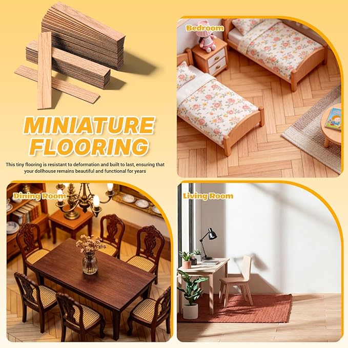 TOYANDONA 40 Pcs Miniature Dollhouse Wallpaper and Flooring Peel and Stick Miniature Wood Flooring Tiles for Doll House Mini DIY Self Adhesive Dollhouse Accessories for 1:12 Scale Doll House