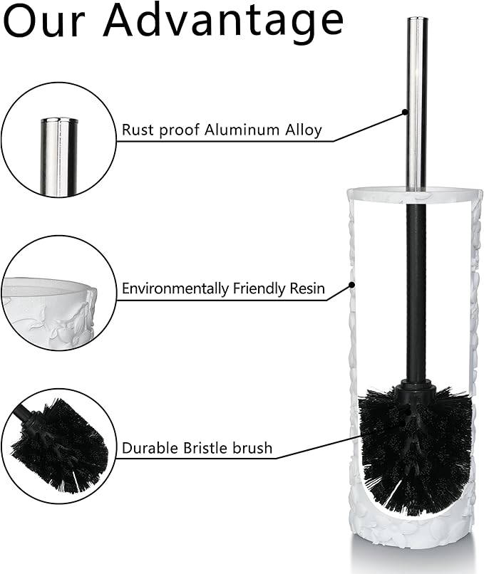 Indecor Home White Floral Design Resin Toilet Bowl Holder and Brush Set, Stylish Bathroom Cleaning Tool with Durable Bristles, Compact and Functional
