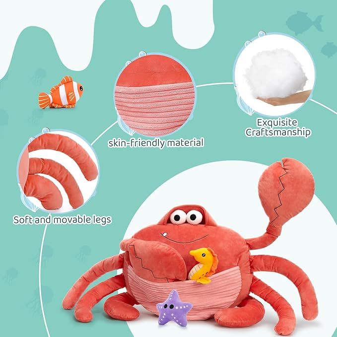 4Pcs Giant Crab Plush Toy Set, 43.3" Weighted Crab Stuffed Animal with 3 Small Cute Stuffed Sea Animal, Seahorse Starfish Clownfish Plushies Gift for Kids, Under The Ocean Party Favor, Red