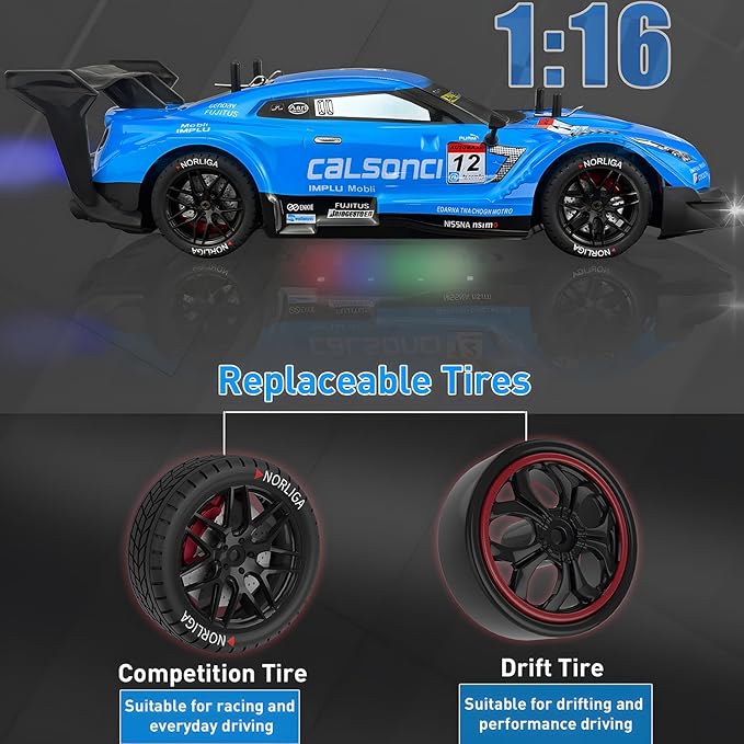 1:16 Spray RC Drift Car for Kids 4WD 2.4GHz 40KM/H High Speed Remote Control Car with LED Lights Drifting Tires & 2 Batteries, Racing Sport Toy for Boys Girls (Blue)