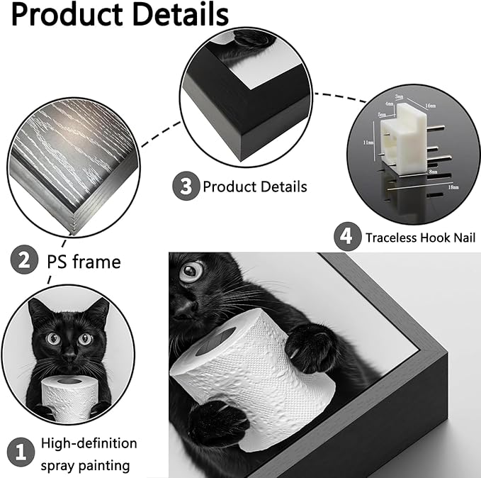 VPUQWGKE Bathroom Black Cat Wall Art Cute Black Cat Holding Toilet Paper Picture Wall Decor Funny Animal Painting Artwork Black and White Print for Bathroom Toilet Home Decoration 8x10in Black Frame