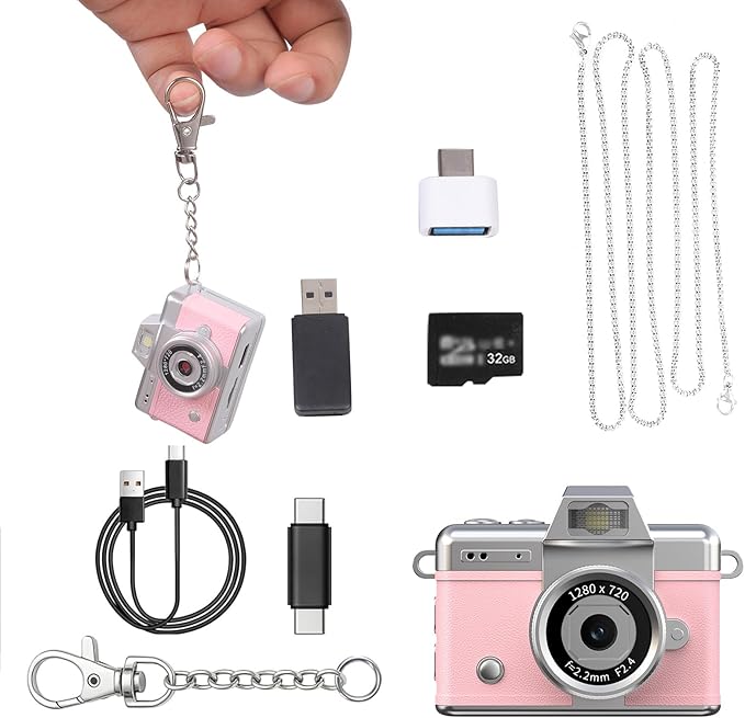 Flip Screen Mini Keychain Camera with Flash, 1080P 2MP Y2K Pocket with 32GB Card, Flip Selfie Camera with LED Flash for Vlogging, Rose Gold Small with Reversible LCD & Light