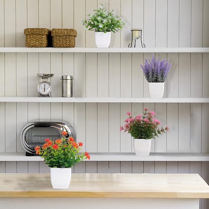 Yoratee Artificial Potted Flowers 4pcs Fake Small Plant in Pot Mini Faux Plant Door House Office Tabletop Kitchen Colorful Greenery Decor