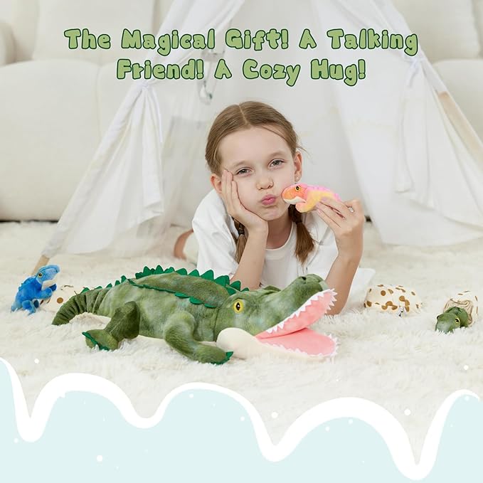 7Pcs Sound Alligator Plush Toy, 23.6" Talking Mother Crocodile Stuffed Animal with 3 Baby Alligators & 3 Eggs, Stuffed Educational Zoo Animals for Kids, Safari Plushies Gift for Christmas