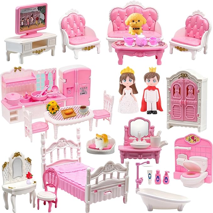 52 Pcs Doll House Mini Furniture, Dollhouse Furniture Set Accessories, Kitchen, Bedroom, Living Room, Bathroom Accessories - Miniature Doll House Toy