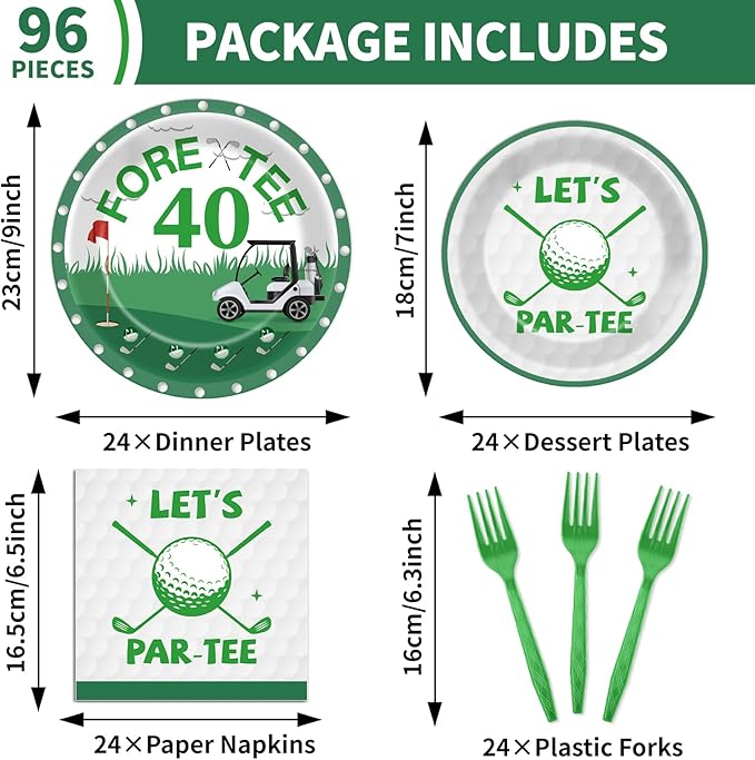 96Pcs Golf 40th Birthday Party Decorations Golf Theme Paper Plates and Napkins Let's Par-Tee 40th Birthday Tableware Fore-Tee Dinnerware Party Supplies for Men Women Sports Serves 24 Guests