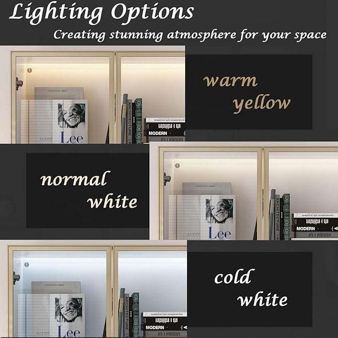 FAMAPY Display Cabinet with 2 Glass Doors and Lights, Display Case Cabinet with 4-Tier Storage Shelves and 2 Drawers, Pop-up Design, White and Champagne Gold (31.5”W x 14.2”D x 78.7”H)