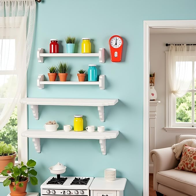 2Pcs White Dollhouse Wall Shelf, 1:12 Scale Miniature Storage Shelf for Kitchen Scene Decor Accessories