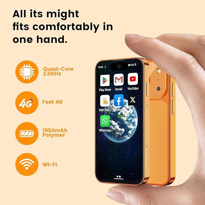 Leemoosa Mini Smartphone with 3.88-inch HD Touchscreen, 4G Dual SIM, Android 12, Face ID, Compact, Pocket-Sized for Students, Suitable as a Backup Phone or a Gift for Children 3GB+32GB（Orange）
