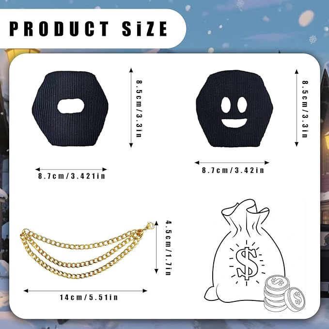 Funny Clothes for 6.7 Inch (17cm) Dolls(NO Doll),Thief Mask,Gangster Costume, Bandit Headband, Mask, Three Accessories in Total: Two Black Head Covers and A Three-Layer Gold Necklace