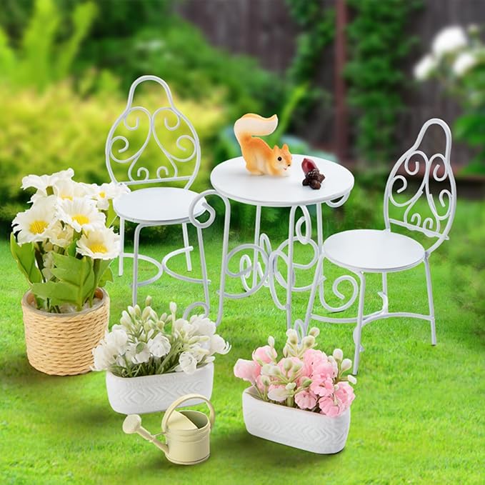1/12 Scale Dollhouse Table Chair Sets, 9Pcs Metal Miniature Patio Sets, Dollhouse Fairy Garden Bistro Outdoor Furniture Accessories with Jasmine, Daisies, Squirrel and Kettle