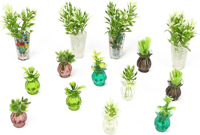 Miniature Dollhouse Plants 1/12 Scale – Miniature Potted Plants 4Pcs and Flower in Vase 10Pcs, Dollhouse Decoration Accessories, Mini Artificial Tiny Fake Greenery, Micro Landscape Furniture Decor
