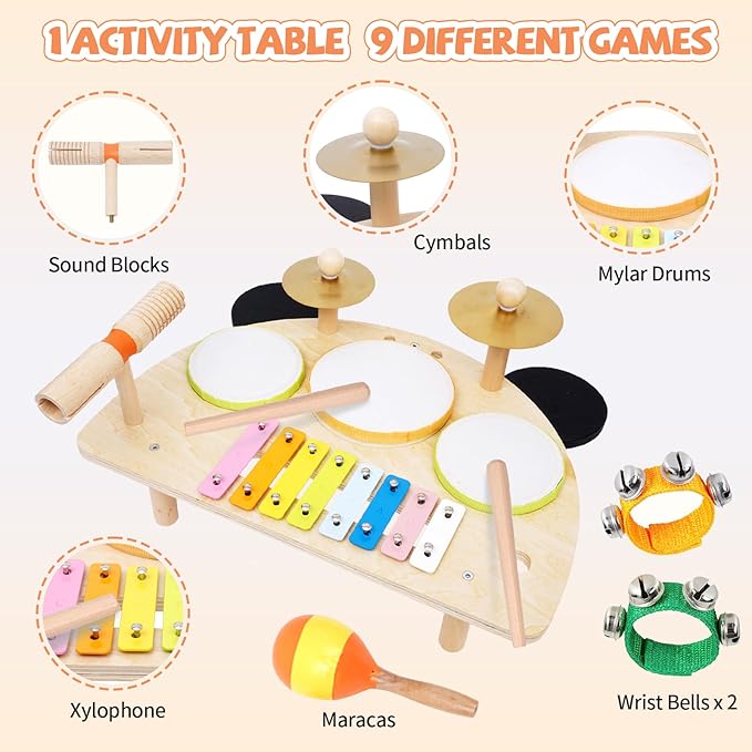 Kids Drum Set, Montessori Musical Instruments for Toddlers 1-3, Wooden Baby Musical Toys, Musical Activity Table Preschool Learning Xylophone Drum Kit, Christmas Birthday Gift for Boys Girls Ages 1-3