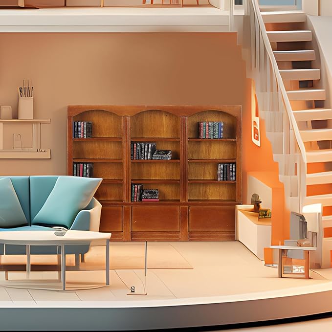 1:12 Scale Dollhouse Miniature Wooden Bookshelf with 48 Pcs Miniatures Books, Mini Bookcase Tiny Books for Dollhouse Mini Library Furniture Christmas Decoration Gift(Brown)