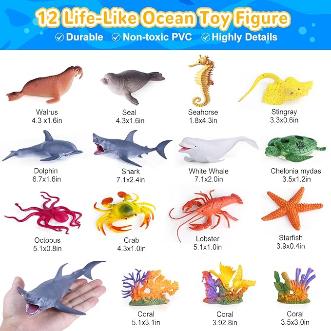 GINMIC Kids Ocean Animals Toys with Large Play Mat , 18 Pack Assorted Realistic Sea Animal Toys with Carrier Bag Including Shark, Whale, Dolphin etc, for Toddler, Boys & Girls Ages 3-8