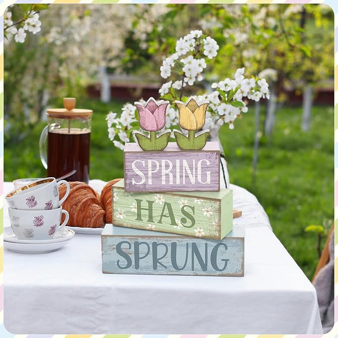 Moucuny 4 Pcs Spring Table Decor Wood Floral Decoration Tulip Centerpiece Spring Tiered Tray Decor Decorative Colorful Flower Block Signs Gift Farmhouse Decoration for Home Kitchen