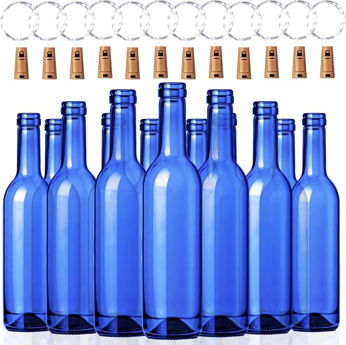 Rtteri 12 Sets Small Empty Wine Bottles with Cork Lights Centerpiece and 30 LED Battery Operated Cork Lights for Birthday Wedding Party Decoration(375 ml,Blue Bottle)