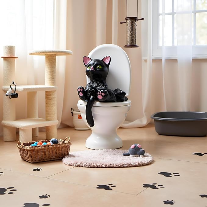Enyolidimk 2Pcs Black Cat Toilet Ornament, Garden Miniature Statue, Desktop Model Home Decorations Cat Figurine