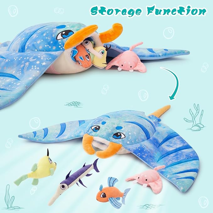 5Pcs Manta Ray Plush, Large Stingray Stuffed Animal with 4 Different Kinds of Small Fish Plush Toys, Christmas Birthday Gifts for Kids Boys Girls, Ocean Party Favors
