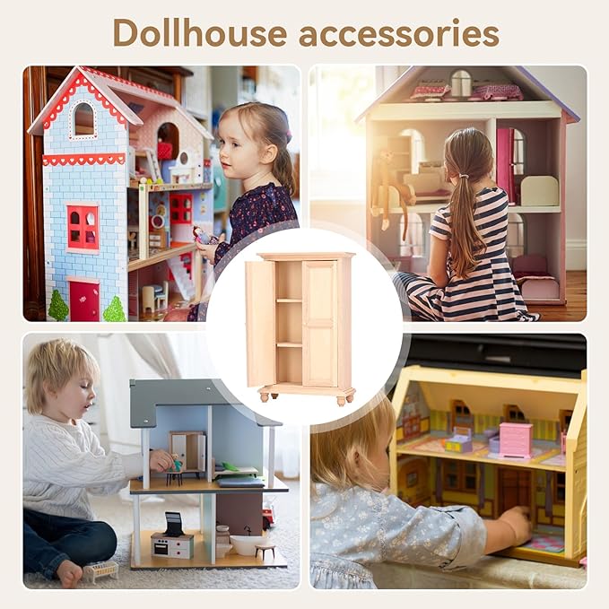 1:12 Dollhouse Wardrobe, Wooden Miniature Double Door Closet Furniture Accessory for Bedroom Living Room