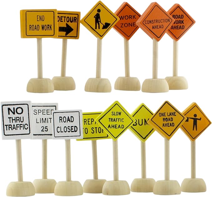 Attatoy Toy Wooden Road Construction Traffic Sign Set; Street Signs Small Toy Cars and Other Diecast Vehicles & Wood Cars & Toys